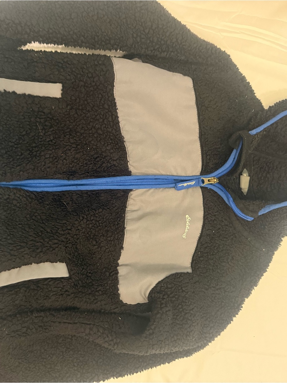 Eddie Bauer Black Fleece Jacket with Gray Panels and Blue Zipper size M 7/8